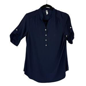 Perception Concept M Navy Blue Slinky Knit Top 1/4 Button Roll Tab Sleeves
